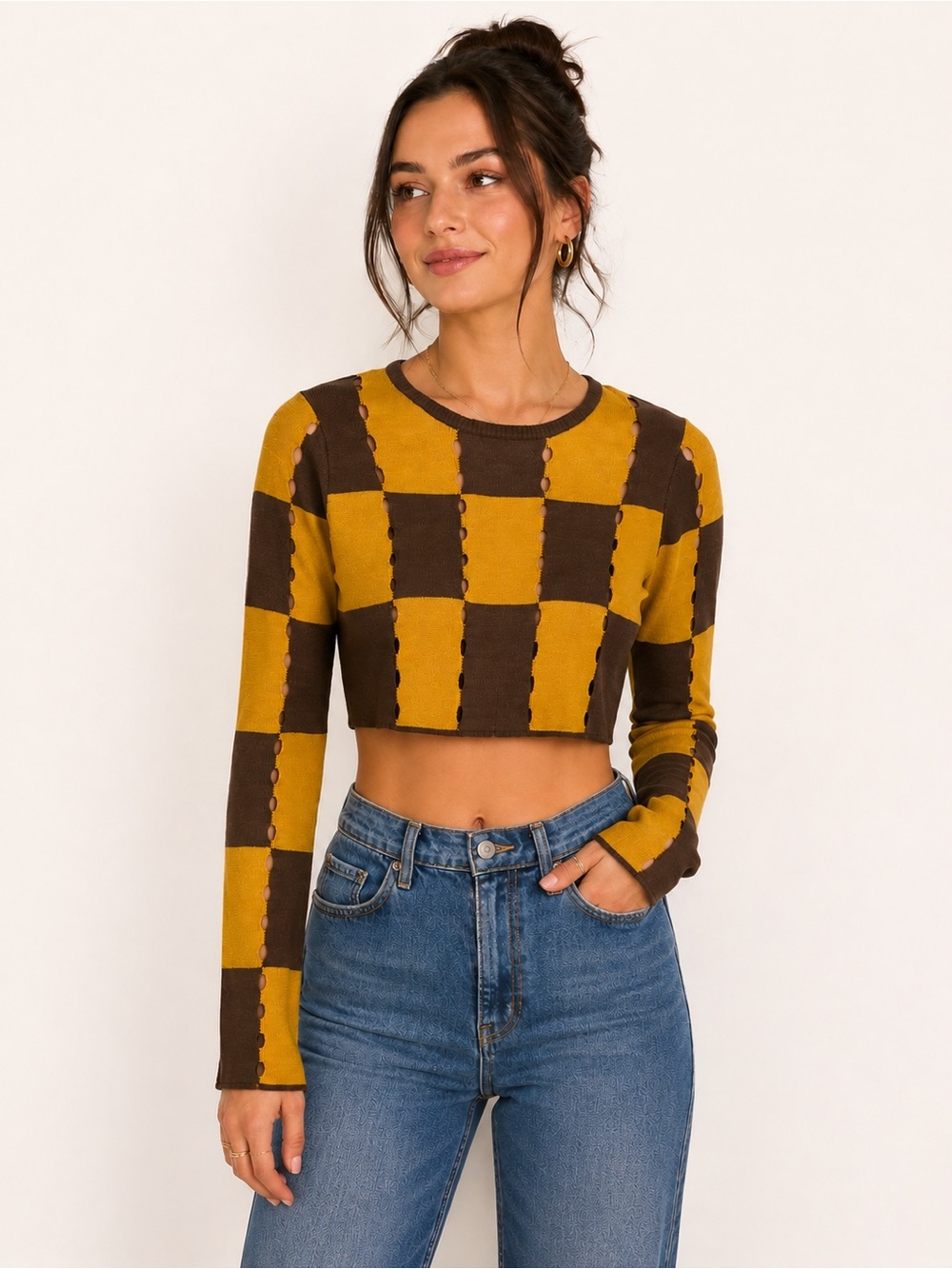 Mimosa Holy Checkerboard Knit Crop Sweater, Size S, NWT